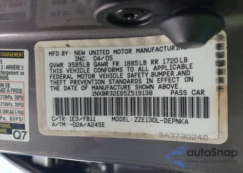 2005 Toyota Corolla Le from USA, damaged, VIN 1NXBR32E85Z519138